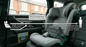 An infographic detailing the typical age and height range for children transitioning into a Group 2/3 high back booster seat.