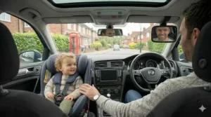 Comparison showing how an i-Size car seat adjusts to accommodate a growing child from birth through to approximately 4 years of age.
