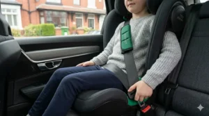 A technical diagram illustrating the i-Size R129 safety regulations for high back booster seats based on a child's height.