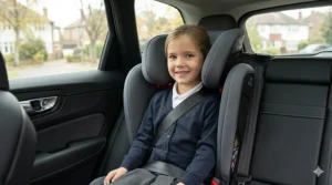 A photorealistic 4K close-up photograph capturing the upper body of an older child in a grey school uniform, sitting securely in a high-back Britax Römer booster seat inside a modern Volvo. The adult 3-point seat belt is correctly guided over the shoulder and chest, demonstrating the safest installation.