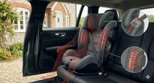 A technical illustration highlighting the side-impact protection wings and adjustable headrest on a Group 2 3 booster seat.