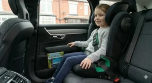 A detailed view of the deep side wings and headrest on a high back booster seat designed for side impact protection.