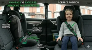 A side-by-side comparison showing the superior head and torso protection of a high back booster seat versus a backless booster cushion.