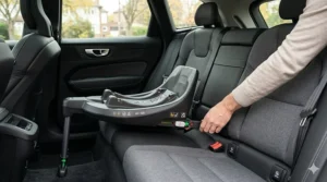 A detailed photorealistic 4K close-up of a hand guiding a modern ISOFIX car seat base into the rear anchors of a British family car, showing one connector clicked green and the other red, demonstrating the secure installation process.