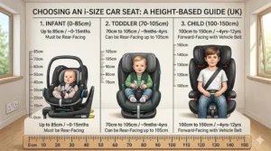 A height-based fitting guide for i-size car seats, categorising infant, toddler, and child stages up to 150cm.