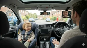 Removable padded newborn insert for an i-Size car seat to ensure a flat, ergonomic position for infants from birth.
