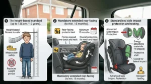 A diagram detailing R129 i-Size safety standards, including height-based fitment and mandatory extended rear-facing.