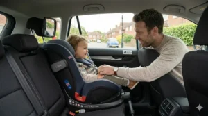 Infographic explaining the i-Size height-based classification system for car seats from birth up to 105cm.