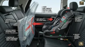 Technical illustration showing how i-size car seats use energy-absorbing foam and reinforced wings to protect against side-impact collisions.
