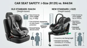 An infographic comparing the old R44/04 weight-based standard with the improved i-size height-based safety regulations.