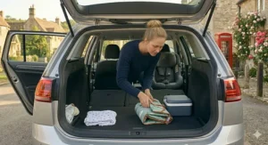 Interior view of a UK estate car boot being loaded, with a 360 rotating car seat visible in the rear passenger seat.