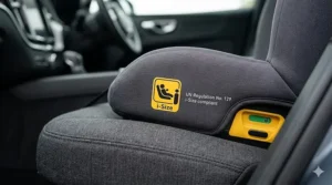 Alt text for image 2: A detailed close-up shot of the yellow official i-size logo and UN Regulation No. 129 text on a car seat fabric, next to a yellow isofix indicator point.