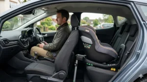 Alt text for image 8: A detailed photorealistic shot inside a compact hatchback showing a rear-facing i-size car seat and its impact on the front driver legroom and seating position.