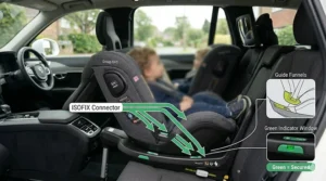 Diagram highlighting the ISOFIX connectors and support leg on a Group 0+1 car seat base for secure installation.