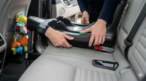 Close-up of a car seat base being clicked into the ISOFIX anchor points of a vehicle seat with green visual safety indicators.