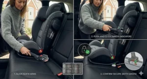 A three-step guide showing how to align ISOFIX arms and click them into a standard UK car seat frame with green safety indicators visible.