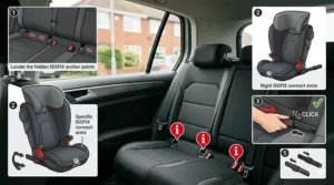 Illustration showing the steps to locate and connect an ISOFIX car seat to the metal anchor points in a UK vehicle.