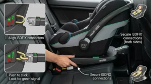 A detailed step-by-step guide showing how to align and click i-size car seat ISOFIX connectors into a car's anchor points.