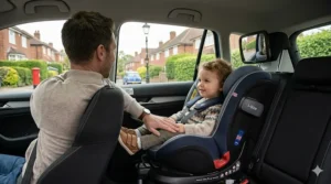 Illustration showing how to install an i-Size car seat using the ISOFIX connectors and support leg for maximum stability.