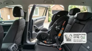 The Joie Every Stage car seat in the rear-facing position, suitable for babies from birth up to 18kg.