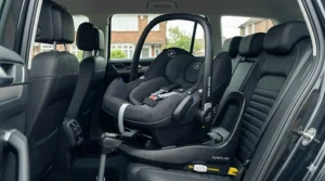 Action shot of a Maxi-Cosi 360 Pro car seat rotating on its base toward the car door for easy access.
