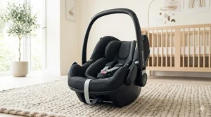High-detail studio shot of a Maxi-Cosi Pebble 360 Pro infant carrier in a modern British nursery setting with natural light.