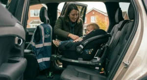A 360 rotating ISOFIX base being used with an infant carrier, demonstrating the modular system's compatibility for different child ages.