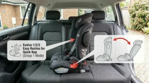 Demonstration of the different recline angles available on the Joie Every Stage for nap time during long car journeys.