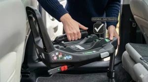 A parent using an integrated handle to carry a lightweight car seat base, highlighting the ease of transfer between two family cars.