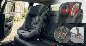 A comparison graphic explaining the difference between older ECE R44 weight-based regulations and the newer R129 i-Size height-based safety standards.