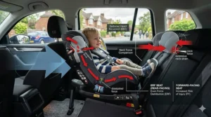 Diagram showing how an extended rear-facing car seat supports a child's neck and spine during a collision.
