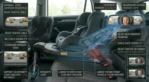 A view through a driver's rear-view mirror showing a child visible in an extended rear-facing seat via a headrest mirror.