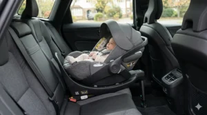 A photorealistic 4K detailed close-up photograph of a content newborn baby secured in an i-Size Cybex Cloud T infant carrier within a modern British Volvo. A parent's hand checks the harness, emphasising safety for newborns.