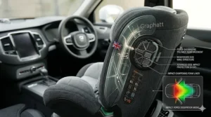 Illustration of the reinforced side wings and energy-absorbing shells on a UK-standard Group 0+1 seat.