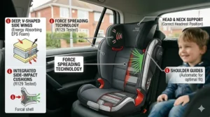 Technical breakdown of energy-absorbing foam and integrated side-impact protection cushions in a modern high-back booster.
