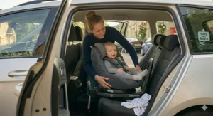 Side view of a 360 rotating car seat turned towards the door, showing the protective shell and side impact headrest.
