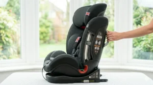 A detailed photorealistic 4K graphic illustration showcasing how the headrest and integrated harness system extend simultaneously to accommodate different growth stages.