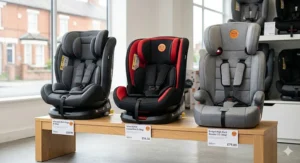 A visual comparison of three top-rated car seats available for under £100 at various UK retailers.