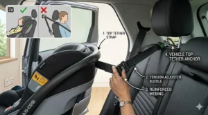 A close-up view of a top tether strap being secured to a UK car’s anchor point as part of an i-size car seat installation.