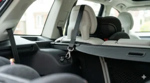 A photorealistic 4K graphic illustration from the vehicle's cargo area showing the top tether strap hooked securely into a dedicated anchor point on the seat back.