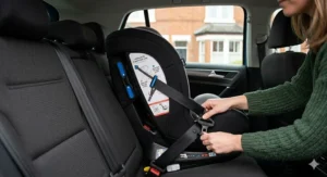 A practical guide showing a universal fit car seat being secured using a standard three-point car seat belt.