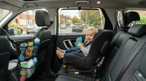 An adjustable baby car seat mirror attached to the headrest, allowing parents to monitor their child in a rear-facing seat.