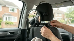 Secure adjustable straps fixing the baby car mirror to the rear headrest.