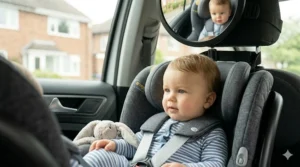 Convex mirror lens providing a clear, full view of the baby while driving.