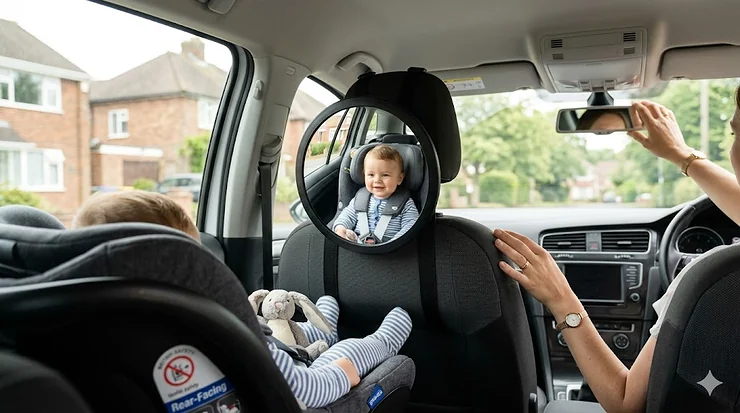 Parent viewing baby in rear-facing car seat via adjustable baby car mirror. baby car mirror