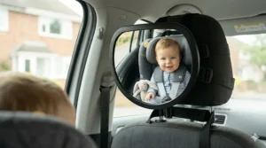 Child in a rear-facing car seat clearly visible through the car mirror.