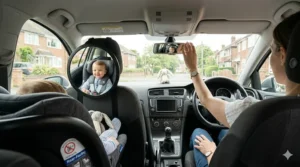 Wide-angle view showing baby reflection in car mirror for peace of mind.