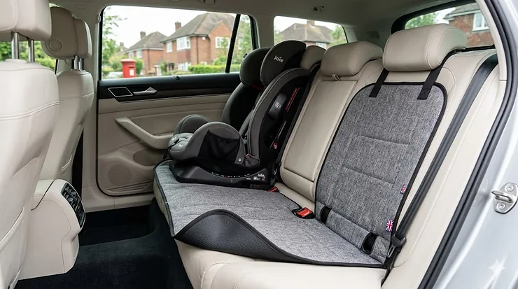Heavy-duty grey fabric car seat protector installed on premium cream leather rear passenger seats with a child car seat fitted securely, looking out towards a British suburban street with a red post box. car seat protector