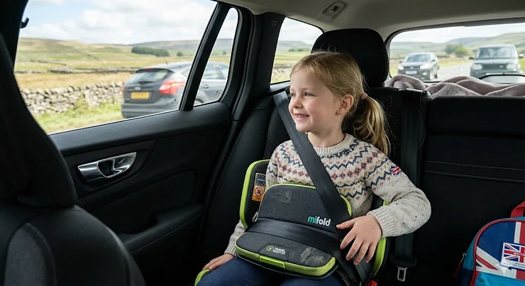 A child safely secured in a travel booster seat on the back seat of a British right-hand drive car. travel booster seat