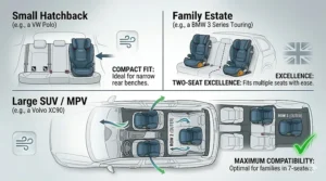 Close-up photograph highlighting the breathable, padded mesh fabrics and climate control features of the high back booster seat for child comfort.